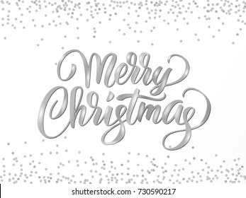 Merry Christmas card with hand written lettering. Silver glitter border, falling confetti. Great for invitations, banners, party posters.