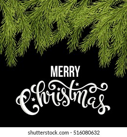 Merry Christmas card with handdrawn lettering, with snow and pine tree, vector illustration.