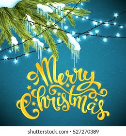 Merry Christmas card with handdrawn lettering, with snow, icicles and pine tree, vector illustration.