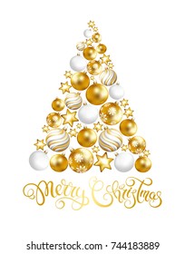 Merry Christmas card with handwriting  lettering and gold and white christmas balls fir-tree.
Vector illustration.