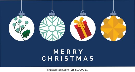 merry Christmas card with hanging ball decoration vector illustration. art holiday Christmas greeting icon design. trendy illustration happy new year and wish you merry Christmas. 