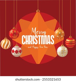 merry Christmas card with hanging ball decoration isolated on dark red background banner poster card. wish you happy Christmas and happy new year design wallpaper. 