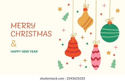 Merry christmas card with hanging balls. Xmas Holiday Banner. Vector illustration