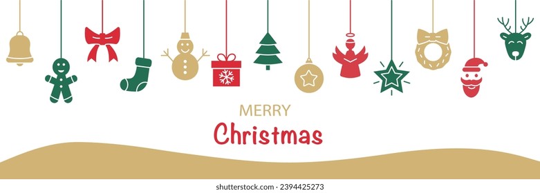 Merry christmas card with hanging decoration. Vector illustration.