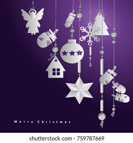 Merry Christmas card with hanging white paper decorations on a violet background