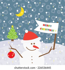 Merry Christmas card. Happy cartoon snowman. New Year background.