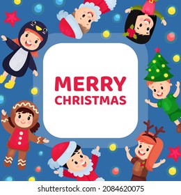 Merry Christmas Card with Happy Child Dressed in Costume Vector Template