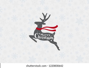 Merry Christmas card and Happy New Year on snowflake background. Welcome winter with reindeer and cute text design. Vector illustration 