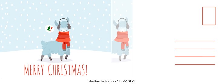 Merry Christmas card. Happy new year postcard with llama in scarf, winter landscape with snowflakes, december holiday letter with cute alpaca, xmas festive funny animal mail design vector illustration