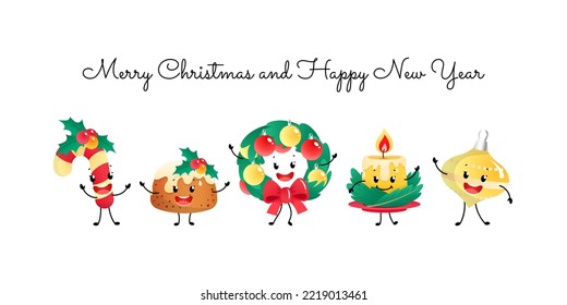 Merry Christmas card and Happy New Year card with funny characters. Winter holiday illustration of a candy, a pudding, a fir tree wreath, a candle and a decoration isolated on a white background.