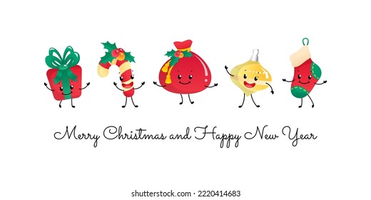 Merry Christmas card and Happy New Year card with funny characters. Winter holiday illustration of a gift box, a candy cane, a Santa Claus bag, a decoration an a sock isolated on a white background.