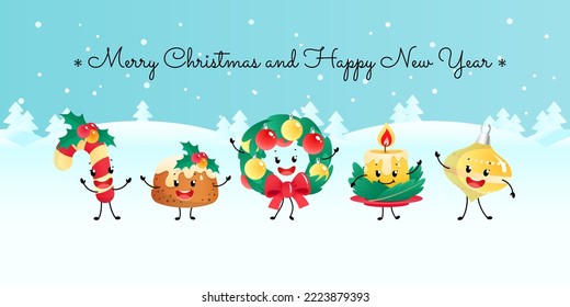 Merry Christmas card and Happy New Year card. Winter holiday illustration of a candy, a pudding, a fir tree wreath, a candle and a decoration on a background of a winter landscape.