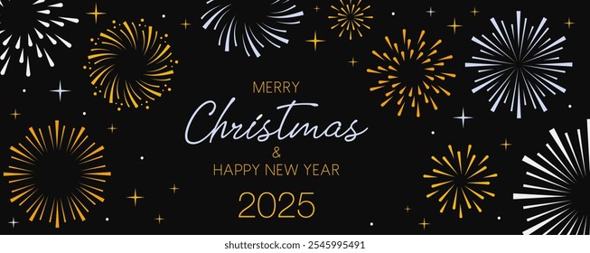 Feliz cartão de Natal e feliz ano novo 2025 banner com fogos de artifício fronteira. Ilustração vetorial