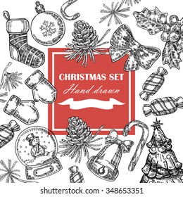 Merry Christmas card. Happy New Year hand drawn background. Vector illustration