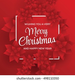 Merry Christmas. Card. Happy New Year. Red Background. Christmas Flowers.