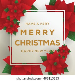 Merry Christmas. Card. Happy New Year. Red Background. Christmas Flowers.