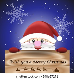 Merry Christmas card and Happy new year card with Santa Claus is holding wood board that has wording of wish you a merry Christmas on snowflake background. vector illustration.