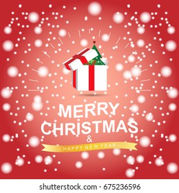 Merry christmas card. Happy new year and gift box with bokeh background. vector illustration