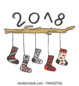 Merry Christmas card. Happy New Year, 2018 with hand drawn doodle stockings and inscription lettering