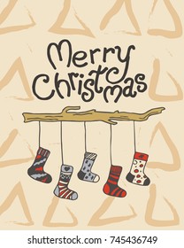 Merry Christmas card. Happy New Year, 2018 with hand drawn doodle stockings and inscription lettering