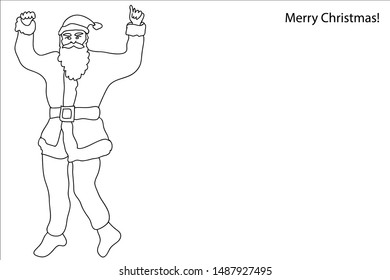 Merry Christmas Card. Happy Santa dancing. Continuous line drawing style. Template for coloring books and pages, invitations, banners, posters.