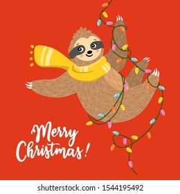 Merry Christmas card with happy sloth hanging on the garland. Adorable hand drawn cartoon animal illustration. Vector cute baby sloth for greeting card, invites, poster, banner, sticker, background