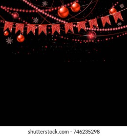 Merry Christmas card. Holiday background with sparkling typography. Gold and red glitter border with hanging balls and ribbons. Great for banners, party posters.
