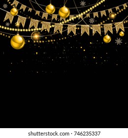 Merry Christmas card. Holiday background with sparkling typography. Gold glitter border with hanging balls and ribbons. Great for banners, party posters.