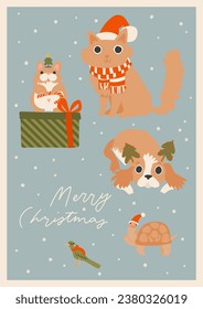 Merry Christmas card with holiday pets. Cozy holiday cute funny domestic cat, dog, hamster, parrot, turtle, hand drawn cartoon style illustration. Merry Christmas lettering, vertical, a4 vector card