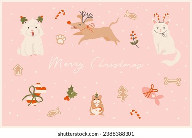 Merry Christmas card with holiday pets. Cozy holiday cute funny domestic cat, dog, hamster. Hand drawn cartoon style illustration. Merry Christmas lettering, horizontal, a4 vector card