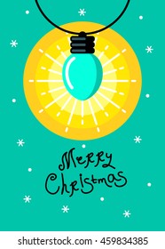 Merry christmas card. Holiday poster. Vector illustration with hand drawn greetings, xmas light, snow and snowflakes.