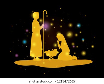 merry christmas card with holy family silhouette