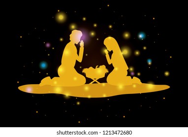 merry christmas card with holy family silhouette