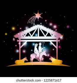 merry christmas card with holy family in mule