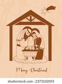 Merry Christmas card. Holy Family. Nativity. Virgin Mary, saint Joseph and baby Jesus. Birth of Savior Christ. Vector illustration in hand drawing doodle style for Xmas holiday design, postcard