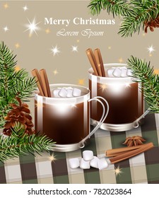 Merry Christmas card with Hot chocolate Vector. Sweet dessert drink