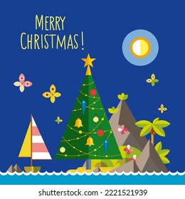 Merry Christmas card. Merry Christmas in hot tourist country. Flat vector illustration