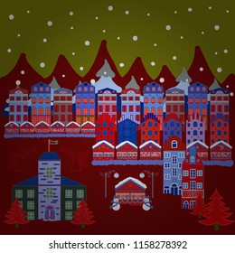 Merry christmas card with house. Cute buildings on red, brown and blue colors. Happy new year. Vector illustration.