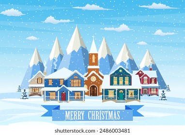 Merry christmas card. House in holiday ornament. Christmas landscape tree. New year decoration. Merry christmas holiday xmas celebration. Vector illustration flat style