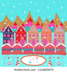 Merry christmas card with house. Christmas illustration on blue, pink and orange colors. Vector illustration. Happy new year.