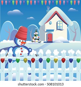 Merry Christmas Card with house, tree and snowman