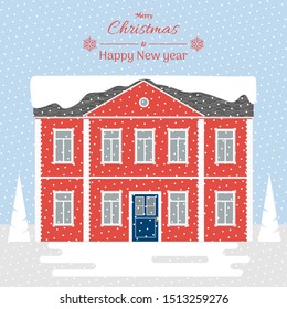 Merry Christmas card with house. Vector illustration in flat style isolated on snow background. Happy new year greeting card. Christmas night illustration