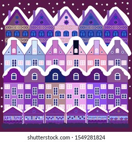 Merry christmas card with house. Vector illustration. Happy new year. Cute buildings on purple and violet colors.