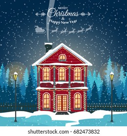 Merry christmas card with house. Vector illustration. Happy new year