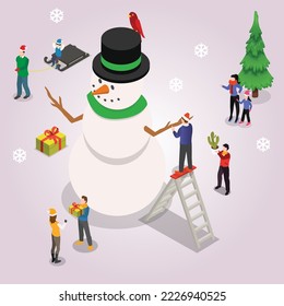 Merry Christmas card with a huge snowman and small people isometric 3d vector illustration concept for banner, website, illustration, landing page, flyer, etc.