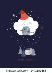 Merry christmas card illustration. 2020 happy new year. Cartoon cloud and house with christmas trees. Childish doodle poster, calendar. Season winter. December celebration holiday, xmas. Warm wishes