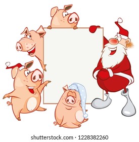 Merry Christmas Card  Illustration of Cute Santa Claus and Pigs  Astrological Sign in the Zodiac Cartoon Character