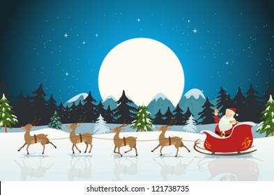 Merry Christmas Card/ Illustration of a funny cartoon santa claus character driving the christmas sleigh with his reindeer running on the winter snow