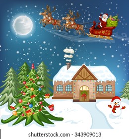 Merry Christmas Card. Illustration with Christmas house, Christmas tree ,Santa Claus and snowman