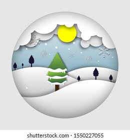 Merry Christmas card. Illustration of pine trees on the hills and snow flakes. Vector illustration with snow, ice, trees and moon snowflake in the winter season, paper art design.